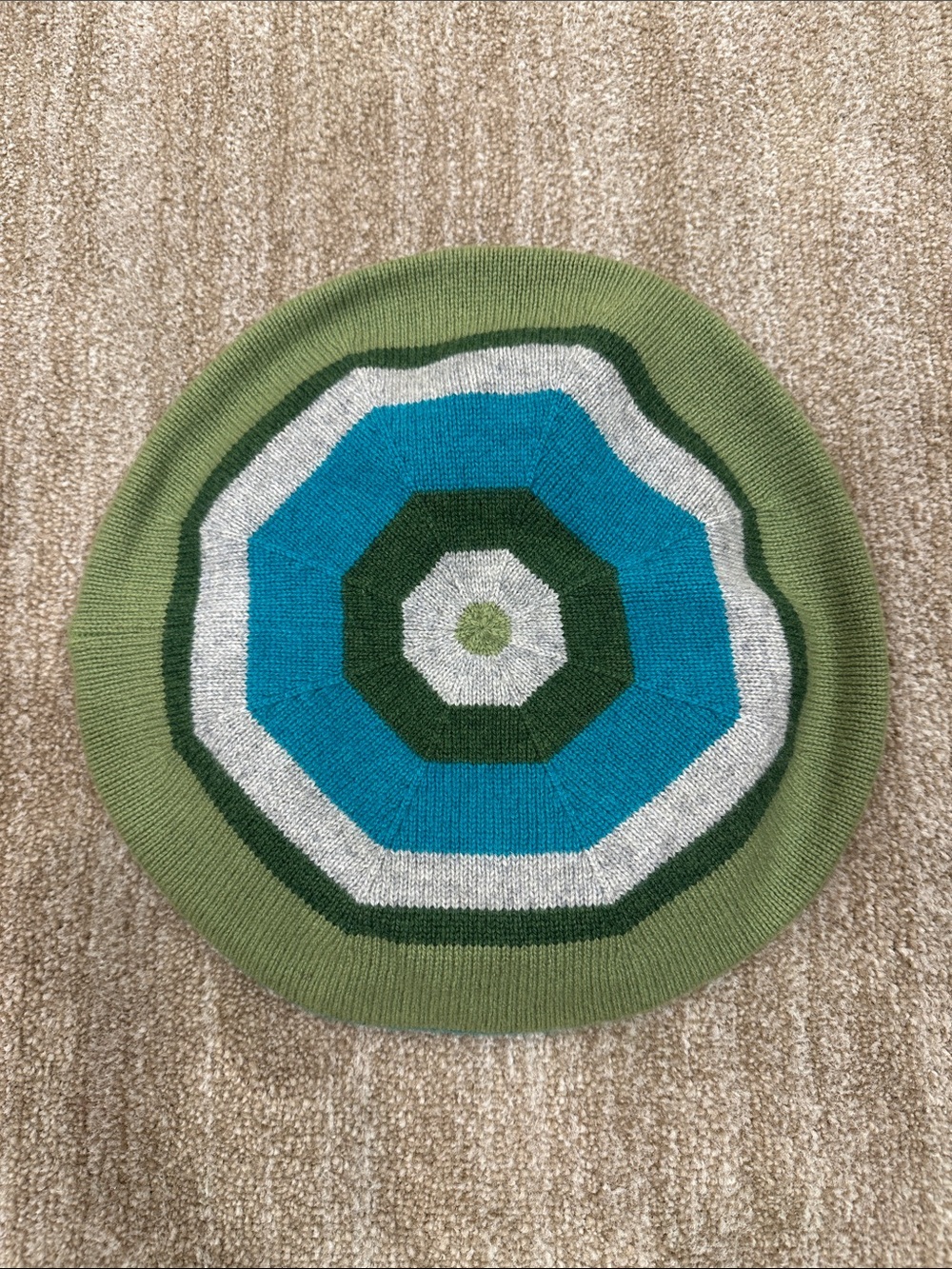 Caroline Grace Cashmere Beret Hat Green Blue Geometric Knit Women Soft Luxury